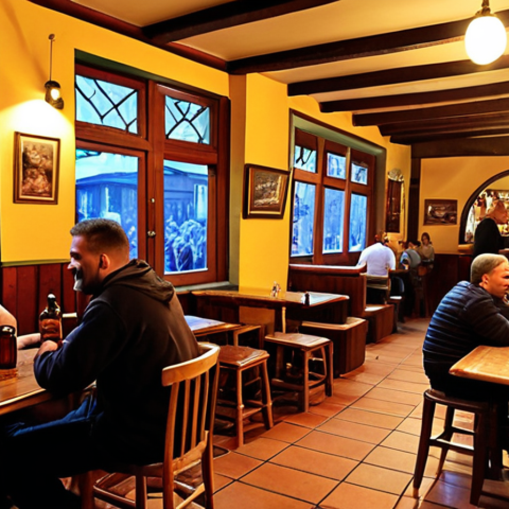 **

A lively Bosnian pub scene, filled with locals enjoying Sarajevsko beer. Focus on the warm lighting, wooden furniture, and the happy, social atmosphere. In the background, a musician plays traditional Bosnian music. Capture the essence of a local, cultural experience.

**