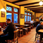 **

A lively Bosnian pub scene, filled with locals enjoying Sarajevsko beer. Focus on the warm lighting, wooden furniture, and the happy, social atmosphere. In the background, a musician plays traditional Bosnian music. Capture the essence of a local, cultural experience.

**