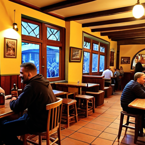 Home 11 **
A lively Bosnian pub scene, filled with locals enjoying Sarajevsko beer. Focus on the warm lighting, wooden furniture, and the happy, social atmosphere. In the background, a musician plays traditional Bosnian music. Capture the essence of a local, cultural experience.
**