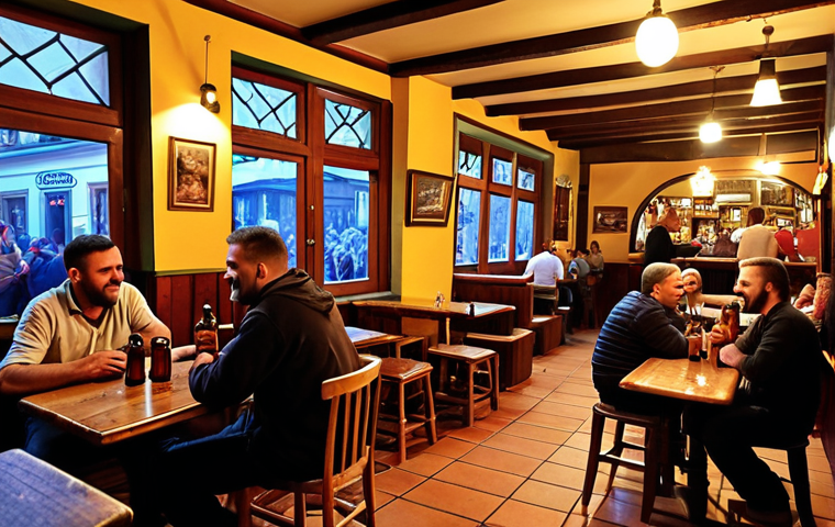 **
A lively Bosnian pub scene, filled with locals enjoying Sarajevsko beer. Focus on the warm lighting, wooden furniture, and the happy, social atmosphere. In the background, a musician plays traditional Bosnian music. Capture the essence of a local, cultural experience.
**