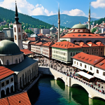 **Sarajevo cityscape:** A vibrant scene of Sarajevo, showcasing the blend of Ottoman and Austro-Hungarian architecture. Include the Baščaršija market with traditional crafts and lively atmosphere. The Latin Bridge should be visible, with a historical ambiance, possibly in a slightly painterly style.