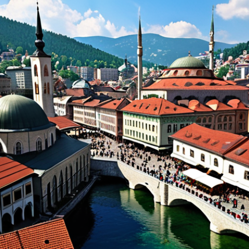 Home 6 **Sarajevo cityscape:** A vibrant scene of Sarajevo, showcasing the blend of Ottoman and Austro-Hungarian architecture. Include the Baščaršija market with traditional crafts and lively atmosphere. The Latin Bridge should be visible, with a historical ambiance, possibly in a slightly painterly style.