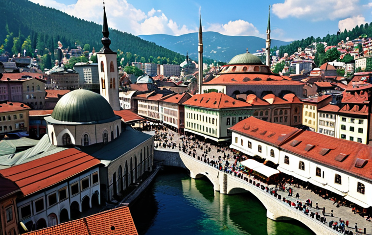 **Sarajevo cityscape:** A vibrant scene of Sarajevo, showcasing the blend of Ottoman and Austro-Hungarian architecture. Include the Baščaršija market with traditional crafts and lively atmosphere. The Latin Bridge should be visible, with a historical ambiance, possibly in a slightly painterly style.